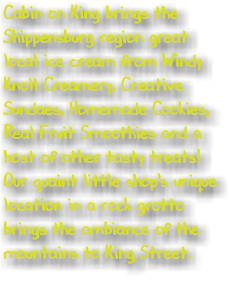 Cabin on King brings the Shippensburg region great local ice cream from Windy Knoll Creamery, Creative Sundaes, Homemade Cookies, Real Fruit Smoothies and a host of other tasty treats! Our quaint little shop's unique location in a rock grotto brings the ambiance of the mountains to King Street. 